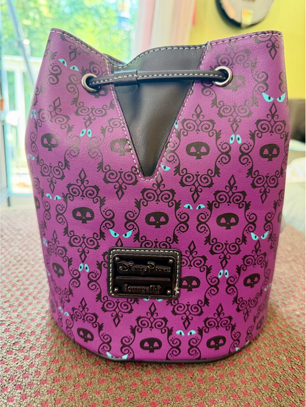 Loungefly Disney Parks Haunted Mansion Wallpaper Glow Drawstring Bucket Bag NWT